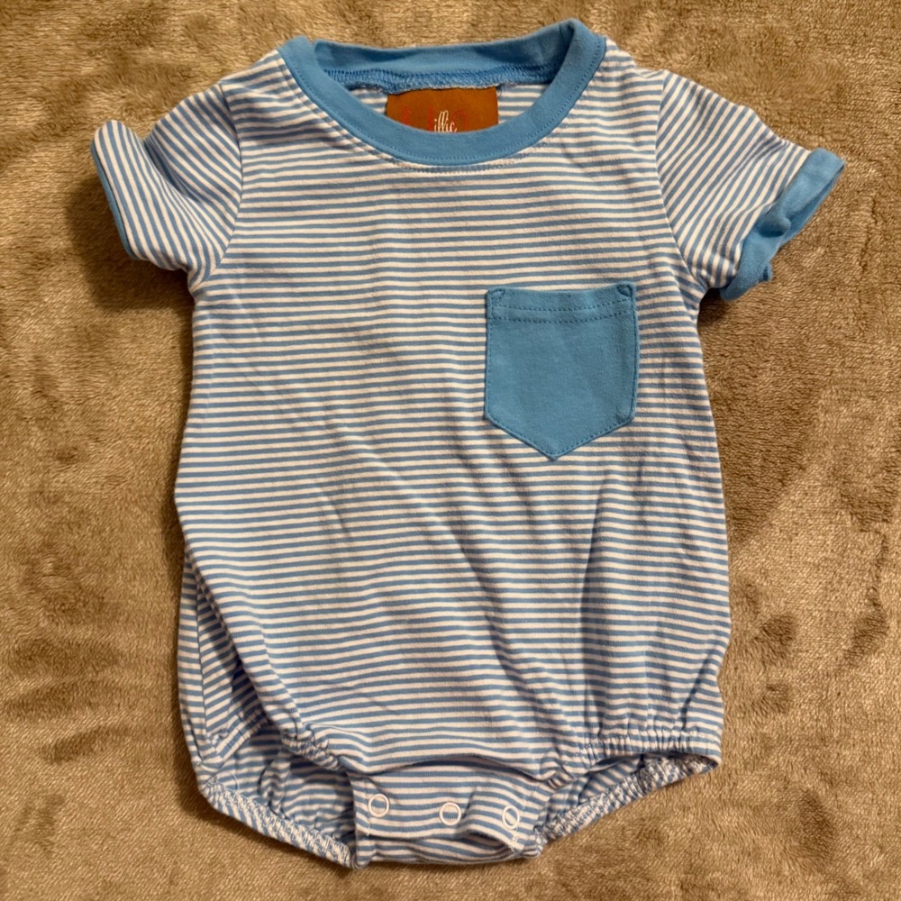 Millie Jay Baby Boys Blue White Striped Short Sleeve Pocket Bodysuit 6M